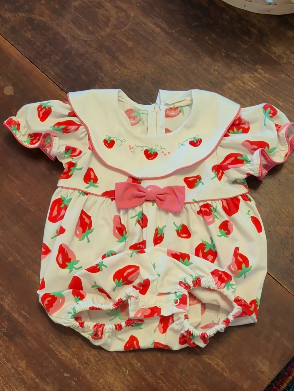 Vintage White Baby Bubble Romper with Red Strawberry Print and Pink Bow